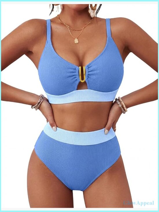 Other - High Waisted Ribbed Bikini Set V Neck Cutout Lace Up Back Tankini Two Piece